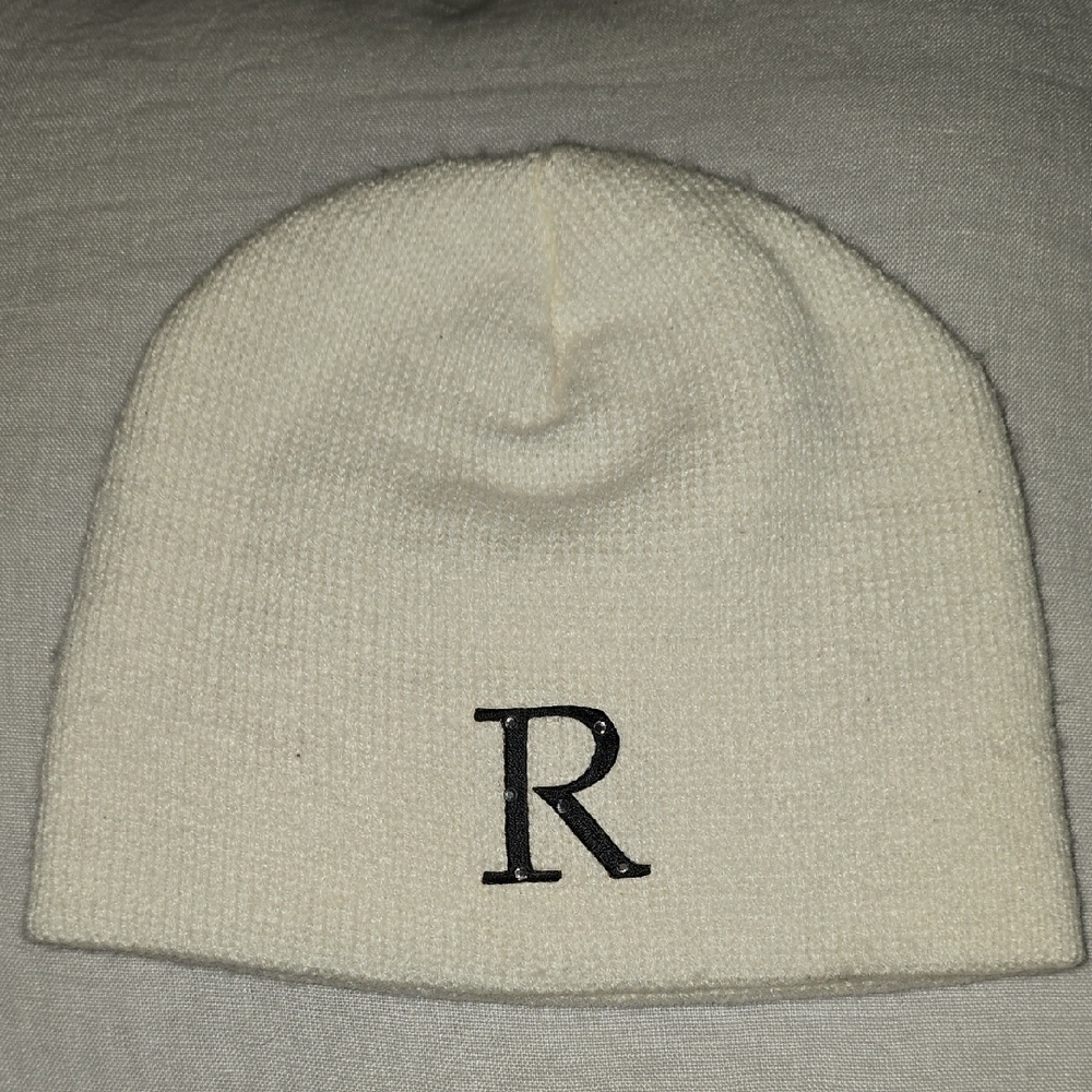Cream Beanie with Black Letter R